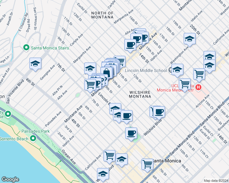map of restaurants, bars, coffee shops, grocery stores, and more near 847 9th Street in Santa Monica