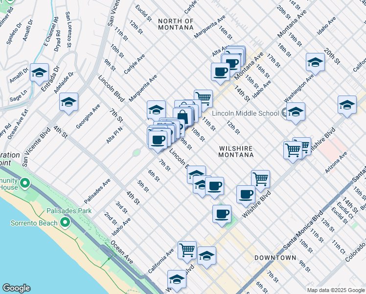 map of restaurants, bars, coffee shops, grocery stores, and more near 817 Lincoln Boulevard in Santa Monica