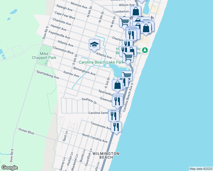 map of restaurants, bars, coffee shops, grocery stores, and more near 709 South 3rd Street in Carolina Beach