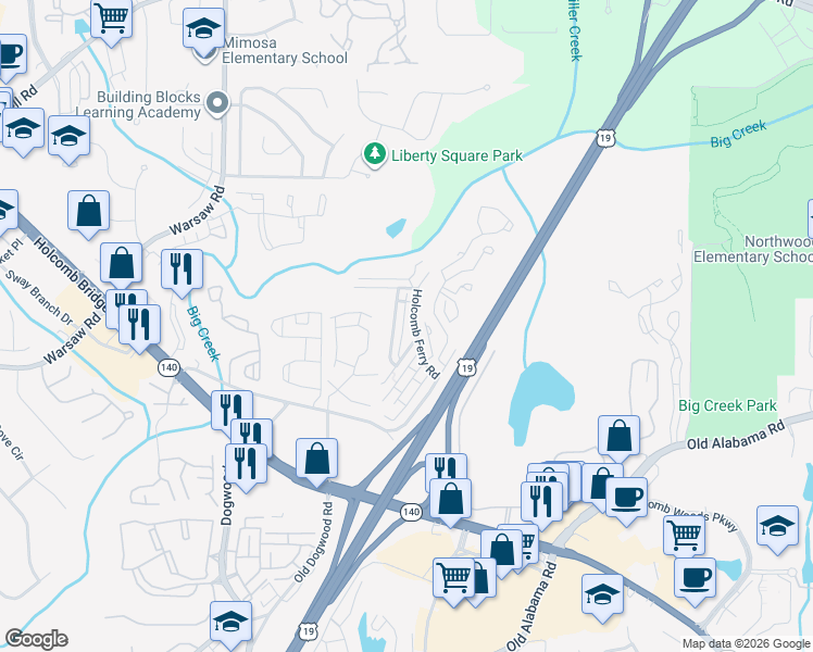 map of restaurants, bars, coffee shops, grocery stores, and more near 217 Holcomb Ferry Road in Roswell