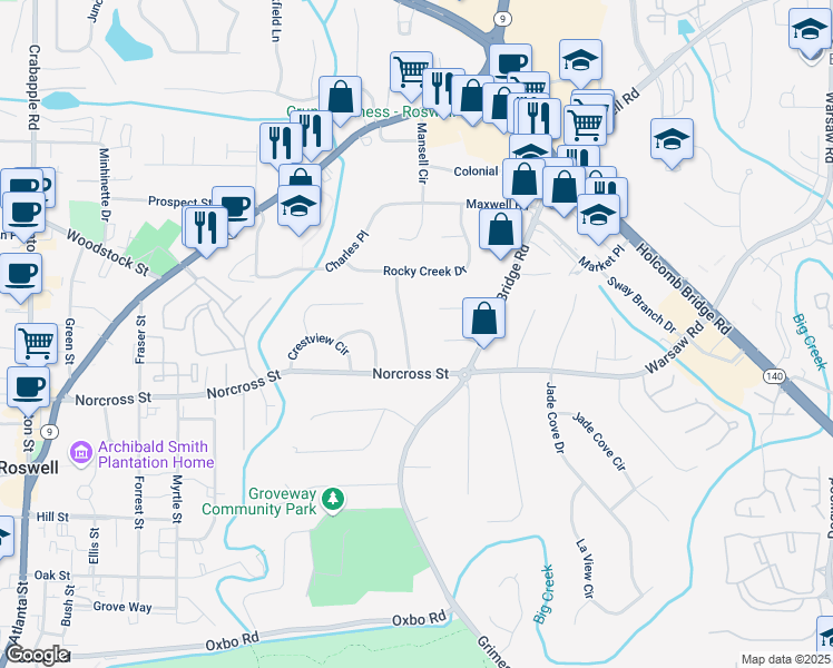 map of restaurants, bars, coffee shops, grocery stores, and more near 1055 Delmont Terrace in Roswell