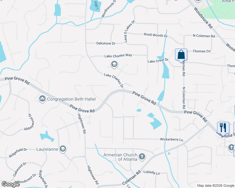 map of restaurants, bars, coffee shops, grocery stores, and more near 600 Pine Grove Road in Roswell