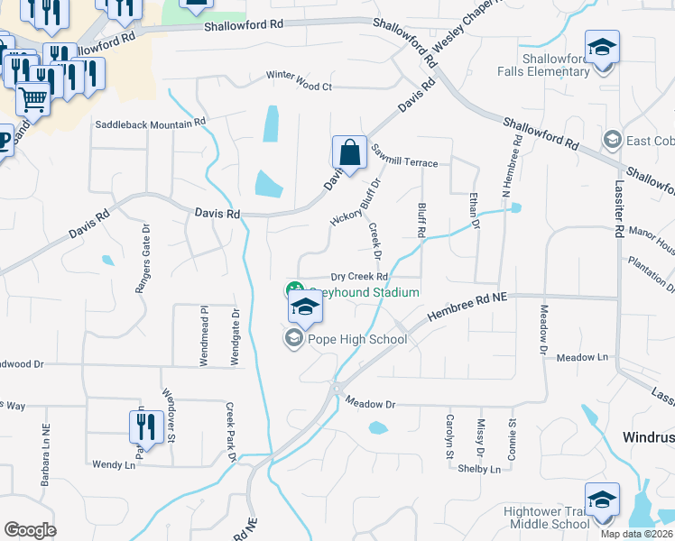 map of restaurants, bars, coffee shops, grocery stores, and more near 3451 Dry Creek Road in Marietta
