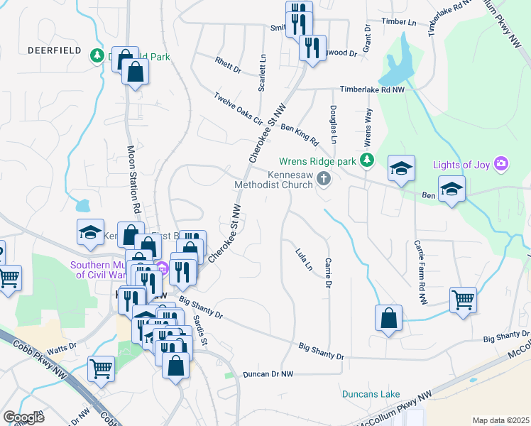 map of restaurants, bars, coffee shops, grocery stores, and more near 3056 Cherokee Street Northwest in Kennesaw