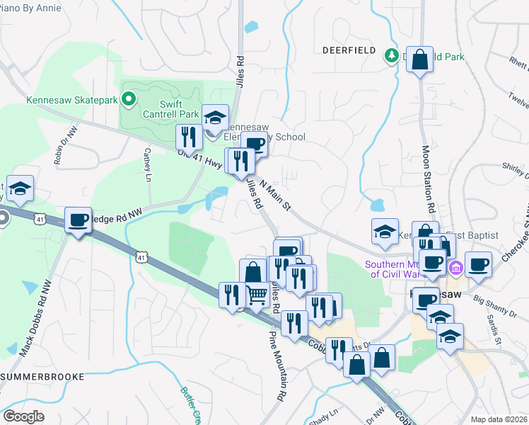 map of restaurants, bars, coffee shops, grocery stores, and more near 2996 Cori Court in Kennesaw