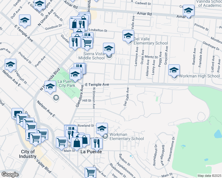 map of restaurants, bars, coffee shops, grocery stores, and more near 15900 Picton Street in La Puente