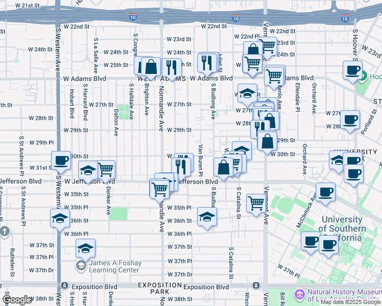 map of restaurants, bars, coffee shops, grocery stores, and more near 2955 Van Buren Place in Los Angeles