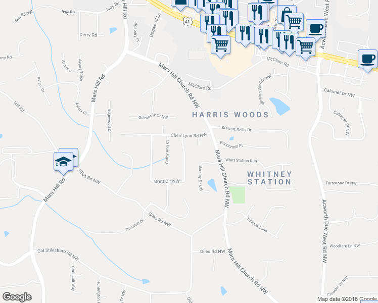 map of restaurants, bars, coffee shops, grocery stores, and more near 2885 Brett Circle Northwest in Acworth