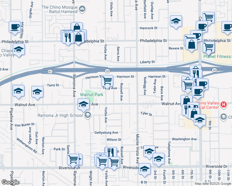 map of restaurants, bars, coffee shops, grocery stores, and more near 12429 Baker Avenue in Chino