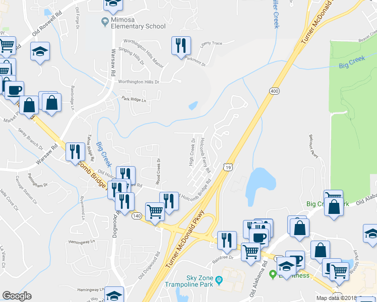 map of restaurants, bars, coffee shops, grocery stores, and more near 205 High Creek Drive in Roswell