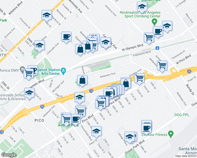 map of restaurants, bars, coffee shops, grocery stores, and more near 2850 Delaware Avenue in Santa Monica