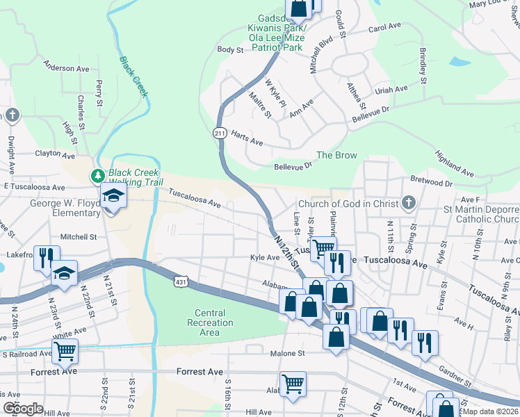 map of restaurants, bars, coffee shops, grocery stores, and more near 1313 Tuscaloosa Avenue in Gadsden