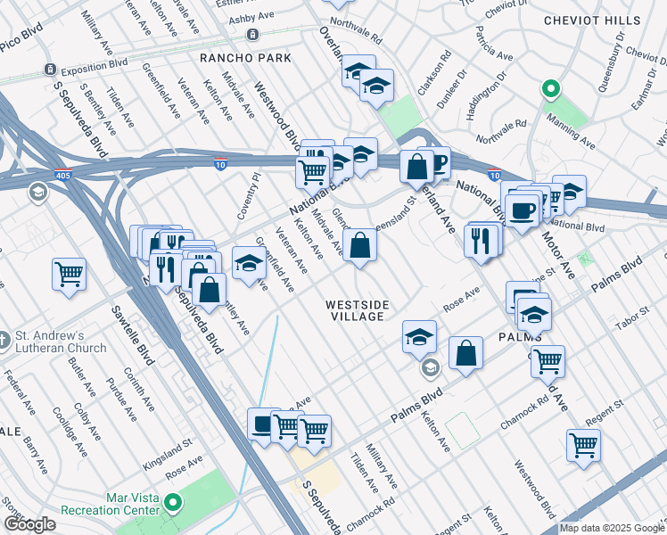 map of restaurants, bars, coffee shops, grocery stores, and more near 3144 Kelton Avenue in Los Angeles