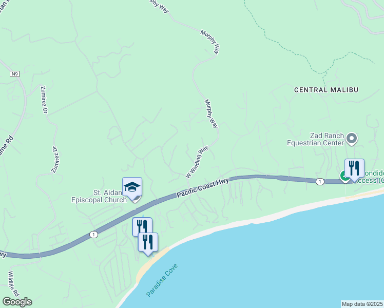 map of restaurants, bars, coffee shops, grocery stores, and more near 27931 Winding Way in Malibu