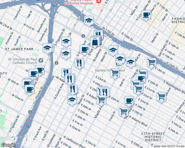 map of restaurants, bars, coffee shops, grocery stores, and more near 2301 South Main Street in Los Angeles