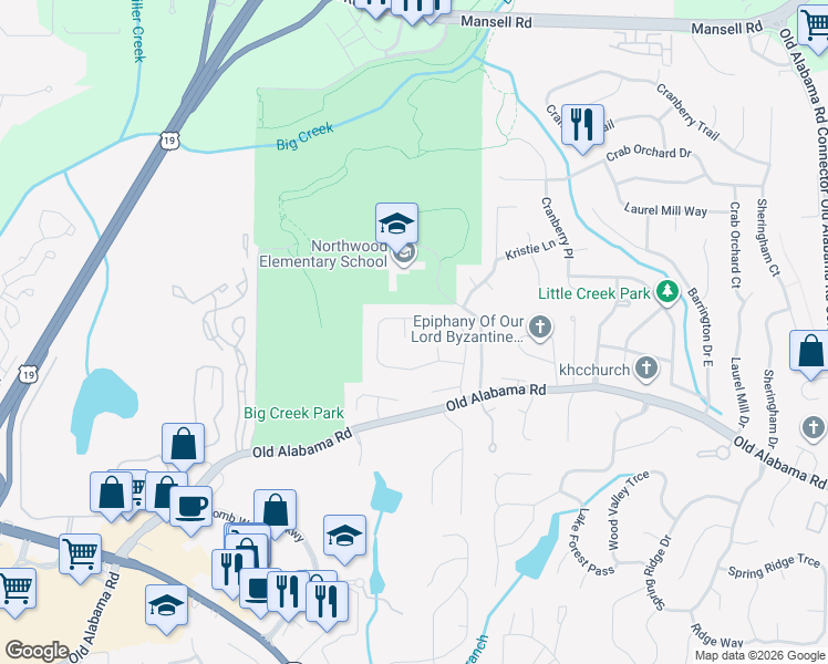 map of restaurants, bars, coffee shops, grocery stores, and more near 600 Tyson Court in Roswell
