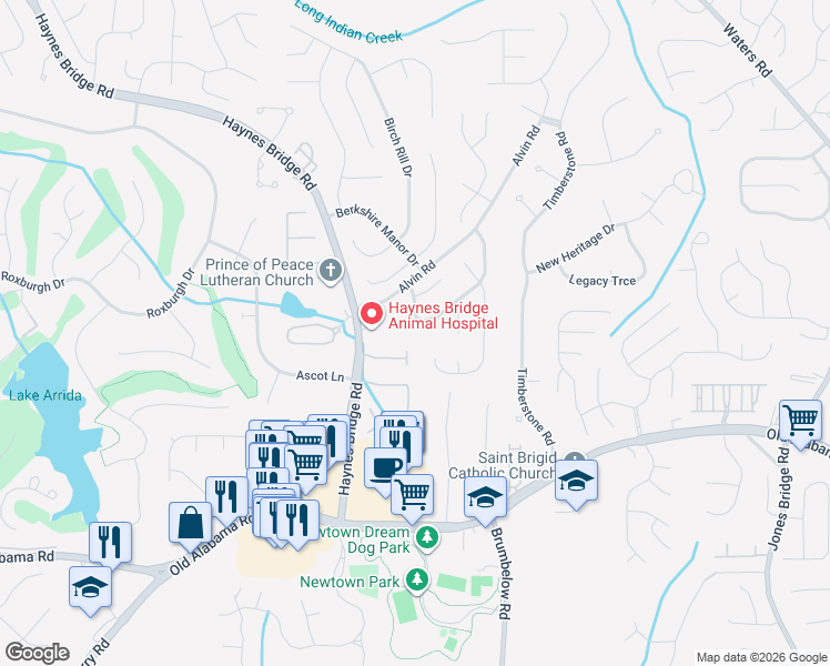 map of restaurants, bars, coffee shops, grocery stores, and more near 10125 Old Woodland Entry in Alpharetta