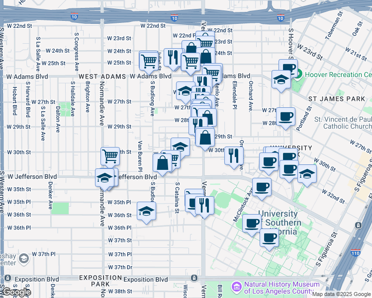 map of restaurants, bars, coffee shops, grocery stores, and more near 1346 West 30th Street in Los Angeles