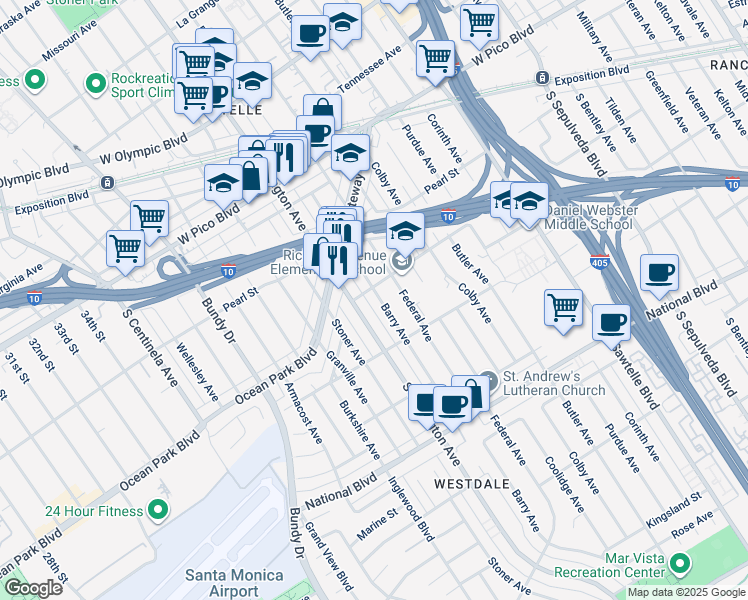 map of restaurants, bars, coffee shops, grocery stores, and more near 2615 Barry Avenue in Los Angeles