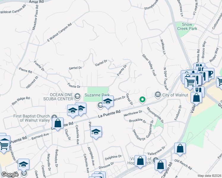map of restaurants, bars, coffee shops, grocery stores, and more near 656 Suzanne Road in Walnut