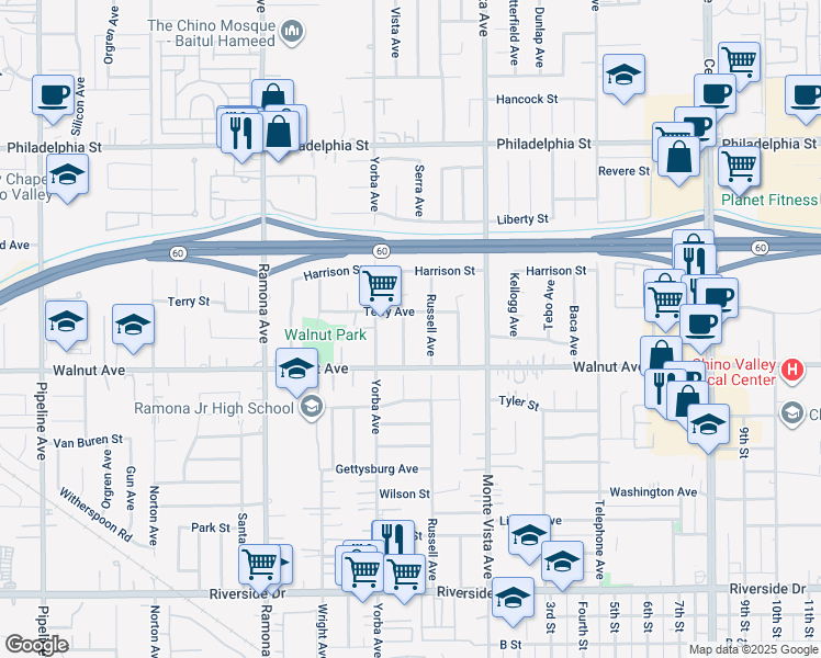 map of restaurants, bars, coffee shops, grocery stores, and more near 12429 Baker Avenue in Chino