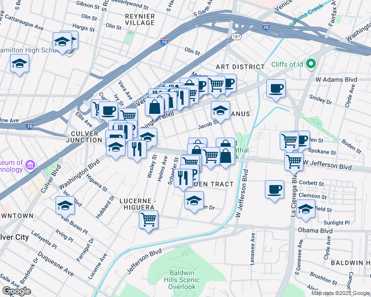 map of restaurants, bars, coffee shops, grocery stores, and more near 3442 Caroline Avenue in Culver City