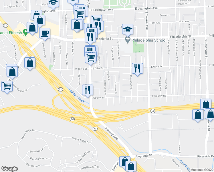 map of restaurants, bars, coffee shops, grocery stores, and more near 2435 Angela Street in Pomona
