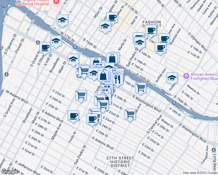 map of restaurants, bars, coffee shops, grocery stores, and more near 1916 Adair Street in Los Angeles