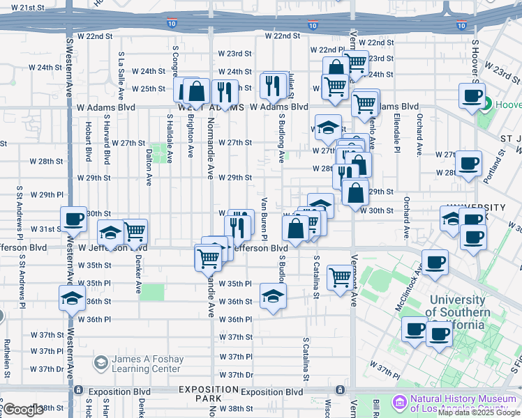 map of restaurants, bars, coffee shops, grocery stores, and more near 2955 Van Buren Place in Los Angeles