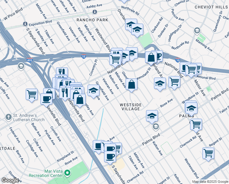 map of restaurants, bars, coffee shops, grocery stores, and more near 3124 Veteran Avenue in Los Angeles