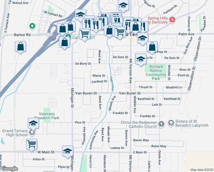 map of restaurants, bars, coffee shops, grocery stores, and more near 12452 Willet Avenue in Grand Terrace