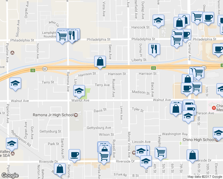 map of restaurants, bars, coffee shops, grocery stores, and more near 12430 Russell Avenue in Chino