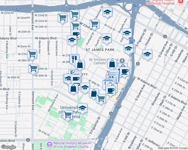 map of restaurants, bars, coffee shops, grocery stores, and more near 28 University Avenue in Los Angeles