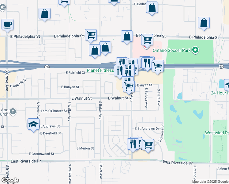 map of restaurants, bars, coffee shops, grocery stores, and more near 2537 S Prairie Dunes Pl in Ontario