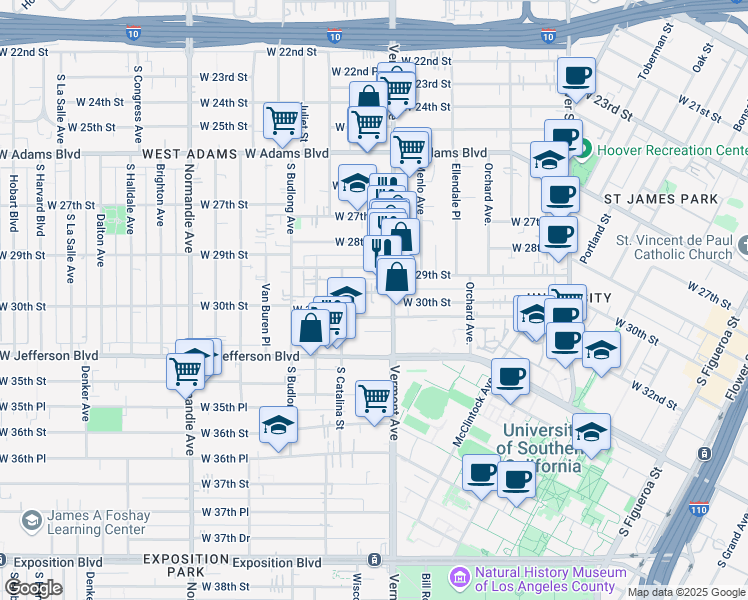 map of restaurants, bars, coffee shops, grocery stores, and more near 1346 West 30th Street in Los Angeles