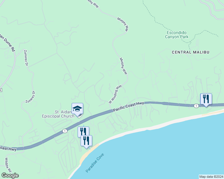 map of restaurants, bars, coffee shops, grocery stores, and more near 27931 Winding Way in Malibu