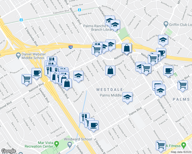 map of restaurants, bars, coffee shops, grocery stores, and more near 3124 Veteran Avenue in Los Angeles