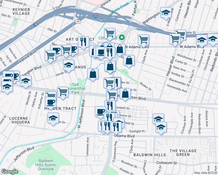 map of restaurants, bars, coffee shops, grocery stores, and more near 3349 South La Cienega Boulevard in Los Angeles