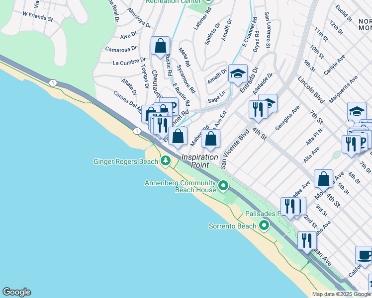 map of restaurants, bars, coffee shops, grocery stores, and more near 127 Mabery Road in Santa Monica
