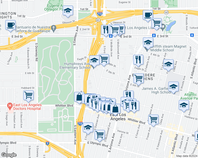 map of restaurants, bars, coffee shops, grocery stores, and more near 617 South Ford Boulevard in East Los Angeles