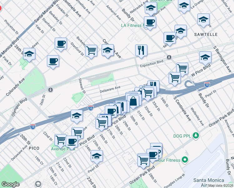 map of restaurants, bars, coffee shops, grocery stores, and more near 3007 Virginia Avenue in Santa Monica
