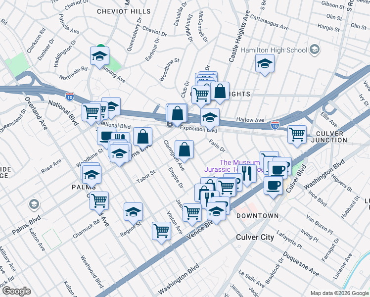 map of restaurants, bars, coffee shops, grocery stores, and more near 3601 Hughes Avenue in Los Angeles