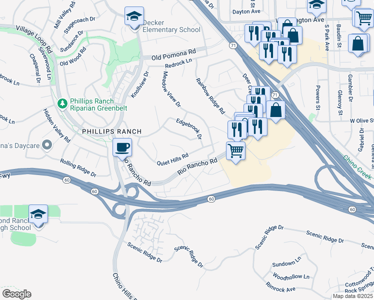 map of restaurants, bars, coffee shops, grocery stores, and more near 4 Falling Leaf Circle in Pomona