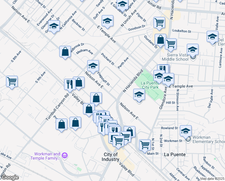 map of restaurants, bars, coffee shops, grocery stores, and more near 15402 Flagstaff Street in La Puente
