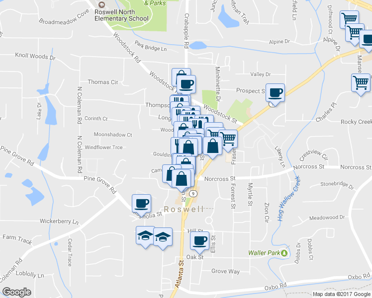 map of restaurants, bars, coffee shops, grocery stores, and more near 1065 Canton Street in Roswell