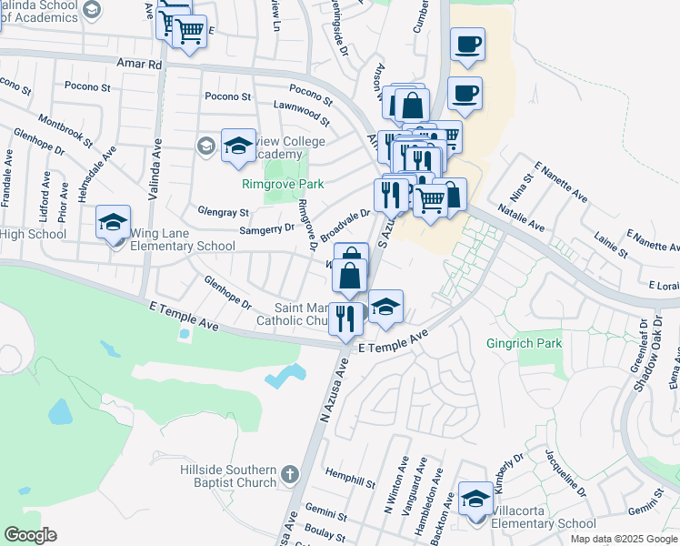 map of restaurants, bars, coffee shops, grocery stores, and more near 17046 Wing Lane in La Puente