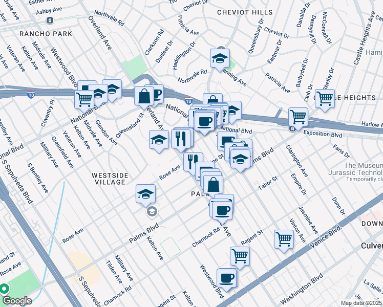 map of restaurants, bars, coffee shops, grocery stores, and more near 3321 Keystone Avenue in Los Angeles