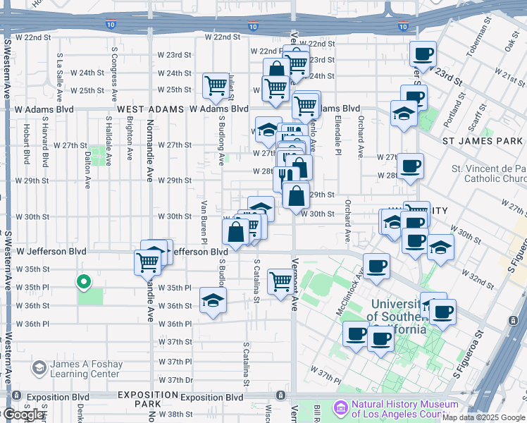 map of restaurants, bars, coffee shops, grocery stores, and more near 1356 West 30th Street in Los Angeles