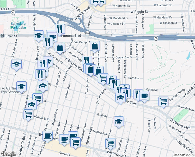map of restaurants, bars, coffee shops, grocery stores, and more near 5644 East Beverly Boulevard in East Los Angeles