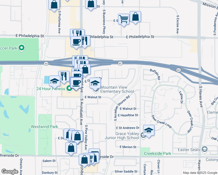 map of restaurants, bars, coffee shops, grocery stores, and more near 2538 South Seagull Avenue in Ontario